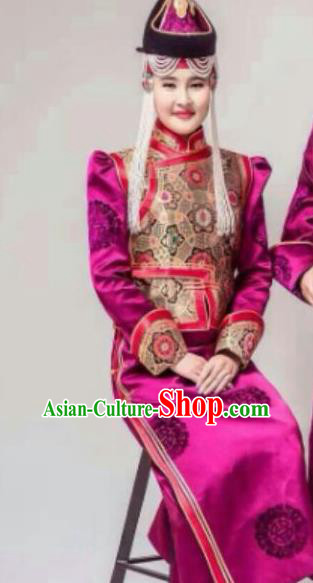 Traditional Chinese Mongol Nationality Costumes Female Folk Dance Ethnic Rosy Dress for Women