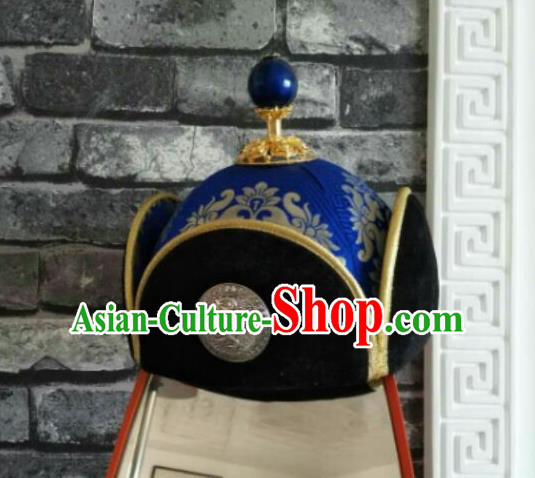 Traditional Chinese Mongol Nationality Hats Mongols Folk Dance Royalblue Hat for Men