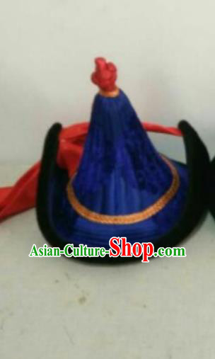 Traditional Chinese Mongol Nationality Hats Mongols Ethnic Royal Highness Royalblue Hat for Men