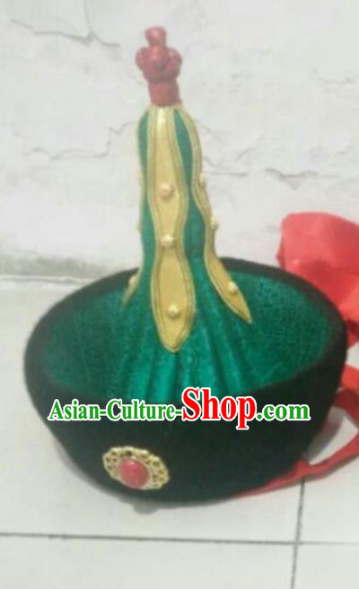Traditional Chinese Mongol Nationality Hats Mongols Ethnic Royal Highness Green Hat for Men