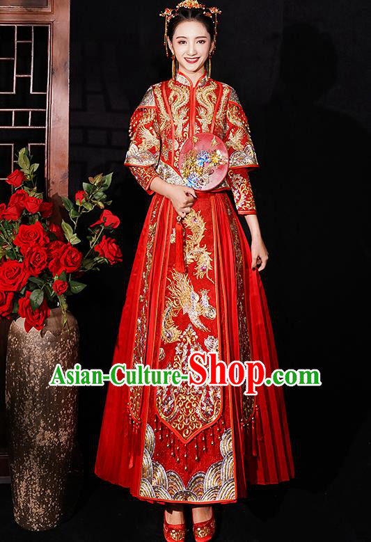 Chinese Traditional Wedding Costumes Embroidered Phoenix Xiuhe Suits Ancient Bride Red Full Dress for Women