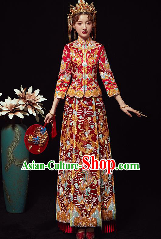 Chinese Traditional Wedding Costumes Embroidered Xiuhe Suits Ancient Bride Red Full Dress for Women