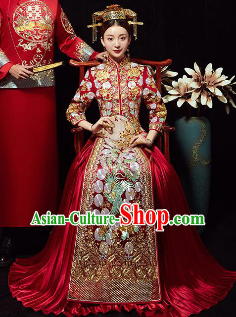Chinese Traditional Wedding Costumes Bride Embroidered Phoenix Red Xiuhe Suits Ancient Full Dress for Women