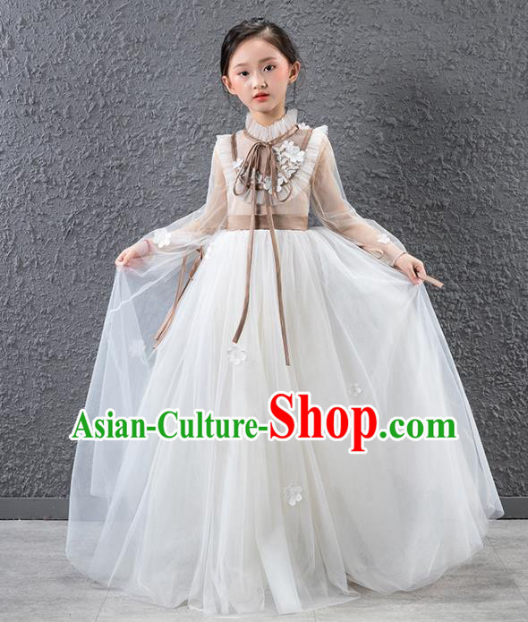 Children Catwalks Stage Performance Costume Compere White Veil Full Dress for Girls Kids