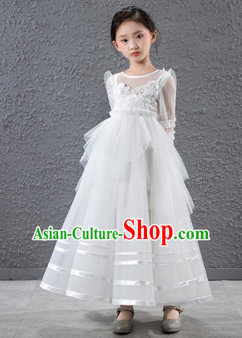 Children Catwalks Stage Performance Costume Compere Flowers Fairy White Veil Full Dress for Girls Kids