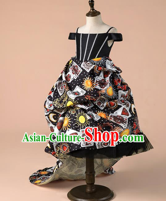 Children Catwalks Costume Girls Compere Modern Dance Black Trailing Full Dress for Kids