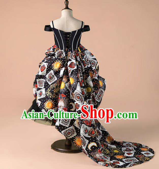 Children Catwalks Costume Girls Compere Modern Dance Black Trailing Full Dress for Kids