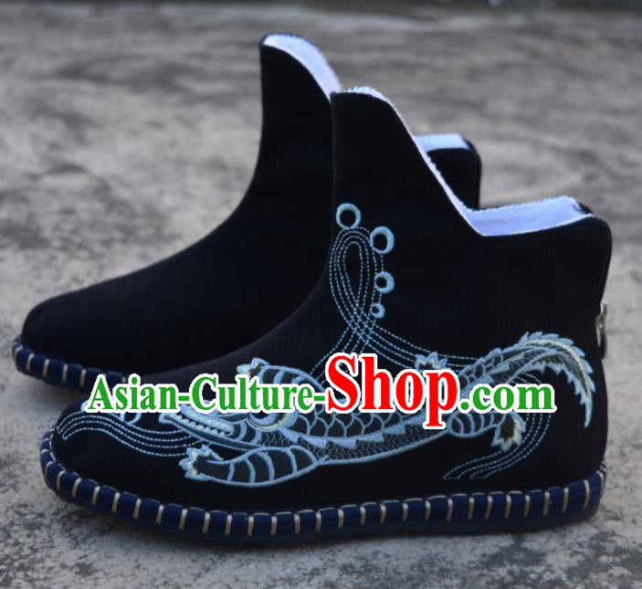 Chinese Traditional Boots Ancient Swordsman Shoes Embroidered Crocodile Black Shoes for Men