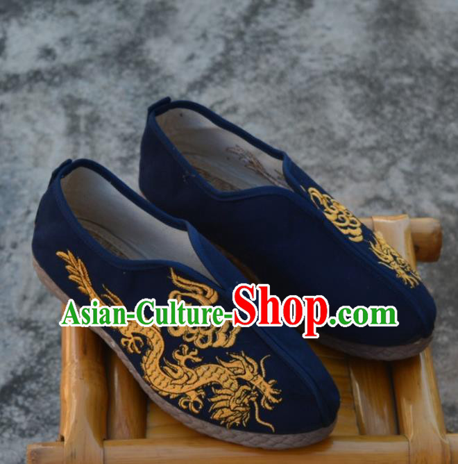Chinese Traditional Navy Shoes Ancient Swordsman Shoes Embroidered Dragons Shoes for Men