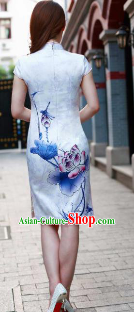 Chinese Traditional Mandarin Qipao Dress Printing Lotus Silk Cheongsam for Women