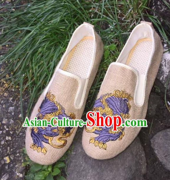 Chinese Traditional National Embroidered Shoes Martial Arts Shoes Ancient Monk Beige Linen Shoes for Men