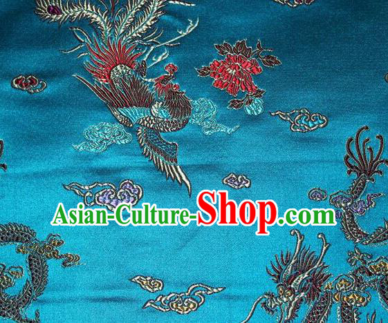 Asian Chinese Tang Suit Blue Brocade Silk Fabric Traditional Dragon Pattern Design Satin Material