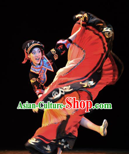 Chinese Traditional Folk Dance Yi Ethnic Costumes Group Dance Stage Performance Dress for Women