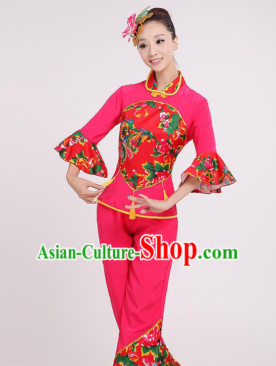 Chinese Traditional Yangko Dance Village Girl Rosy Costumes Group Dance Folk Dance Clothing for Women