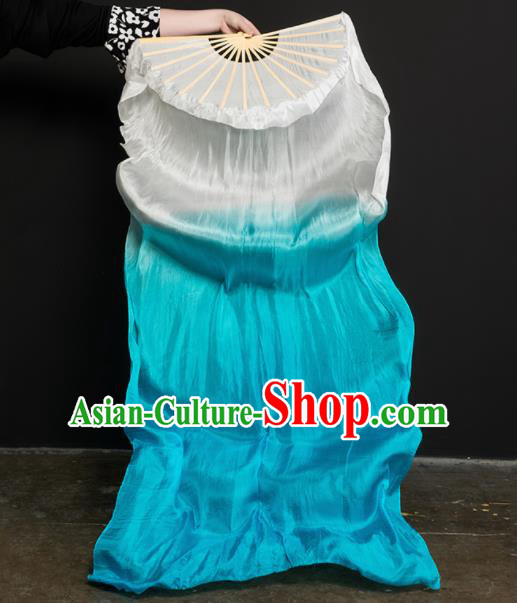 Chinese Traditional Folk Dance Props White and Blue Ribbon Silk Fans Folding Fans Yangko Fan