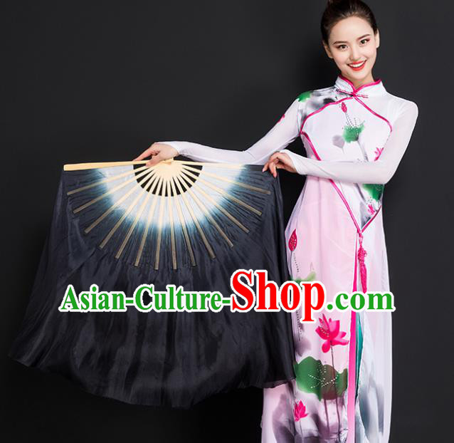Chinese Traditional Folk Dance Props Double Sides Black Ribbon Silk Fans Folding Fans Yangko Fan