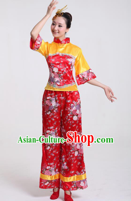 Chinese Traditional Yangko Dance Satin Costumes Group Dance Stage Performance Folk Dance Clothing for Women