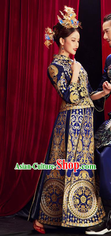 Chinese Traditional Wedding Blue Xiuhe Suits Ancient Bride Embroidered Costumes for Women