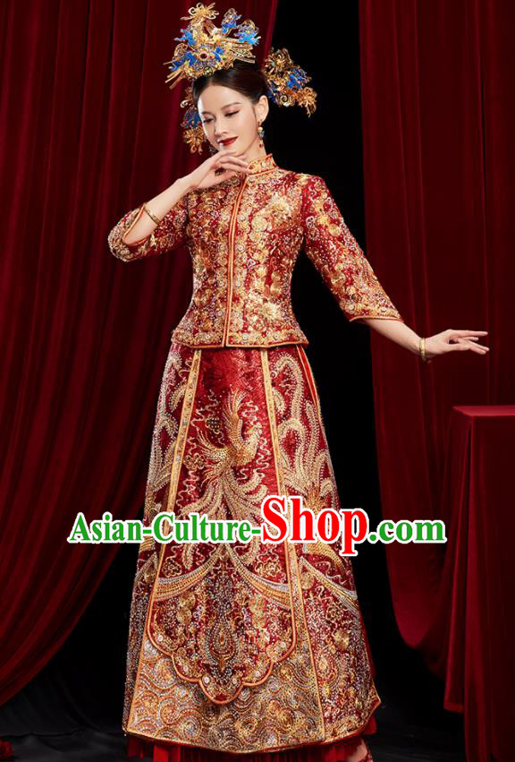 Chinese Traditional Wedding Red Xiuhe Suits Ancient Bride Embroidered Costumes for Women