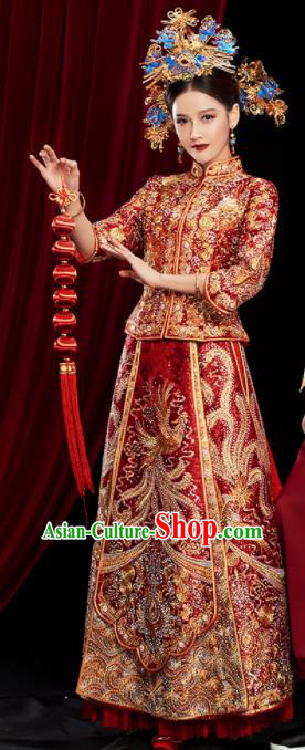 Chinese Traditional Wedding Red Xiuhe Suits Ancient Bride Embroidered Costumes for Women