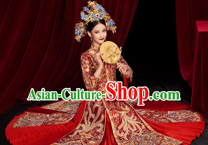 Chinese Traditional Wedding Red Xiuhe Suits Ancient Bride Embroidered Costumes for Women