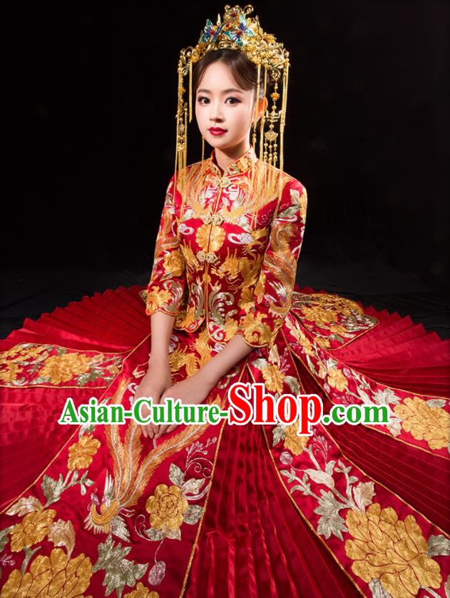 Chinese Traditional Wedding Toast Red Xiuhe Suits Ancient Bride Embroidered Phoenix Costumes for Women