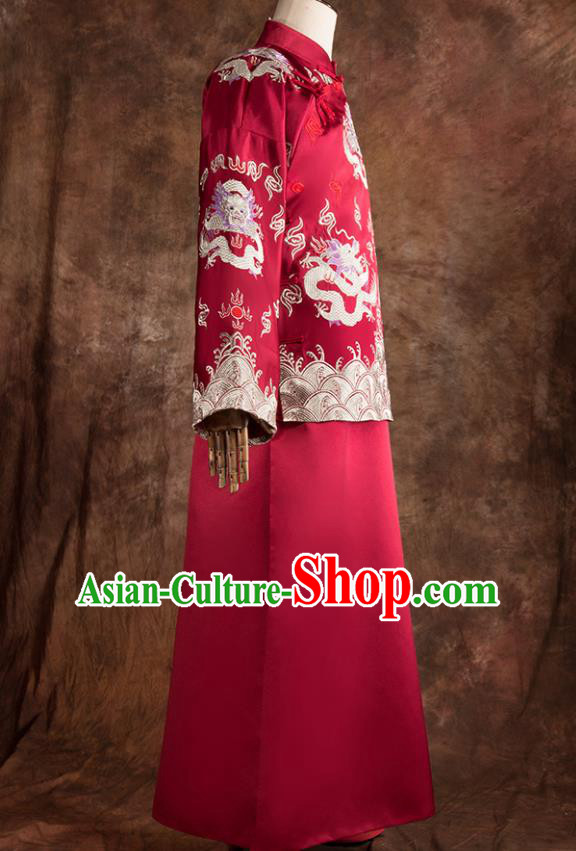Chinese Traditional Wedding Costumes Bridegroom Embroidered Dragon Tang Suit Long Gown for Men