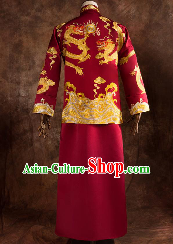 Chinese Traditional Wedding Costumes Bridegroom Embroidered Dragon Tang Suit Red Gown for Men