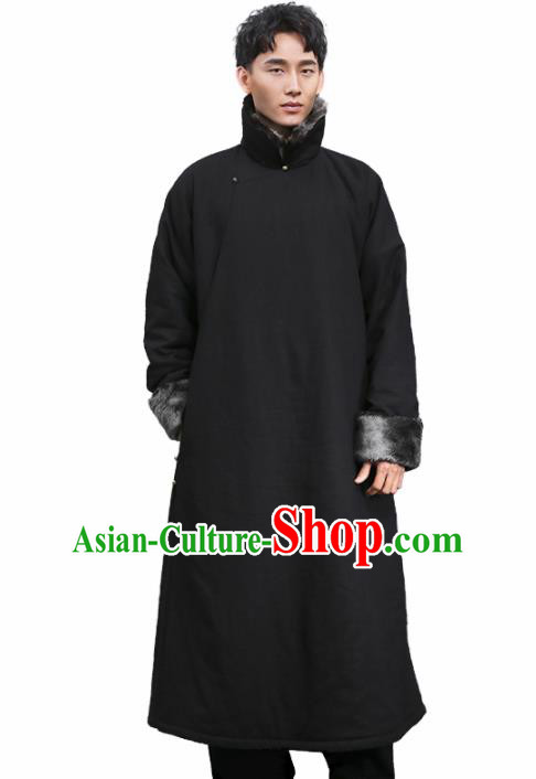 Chinese Traditional Tang Suit Costumes National Cotton Padded Long Gown Overcoat for Men