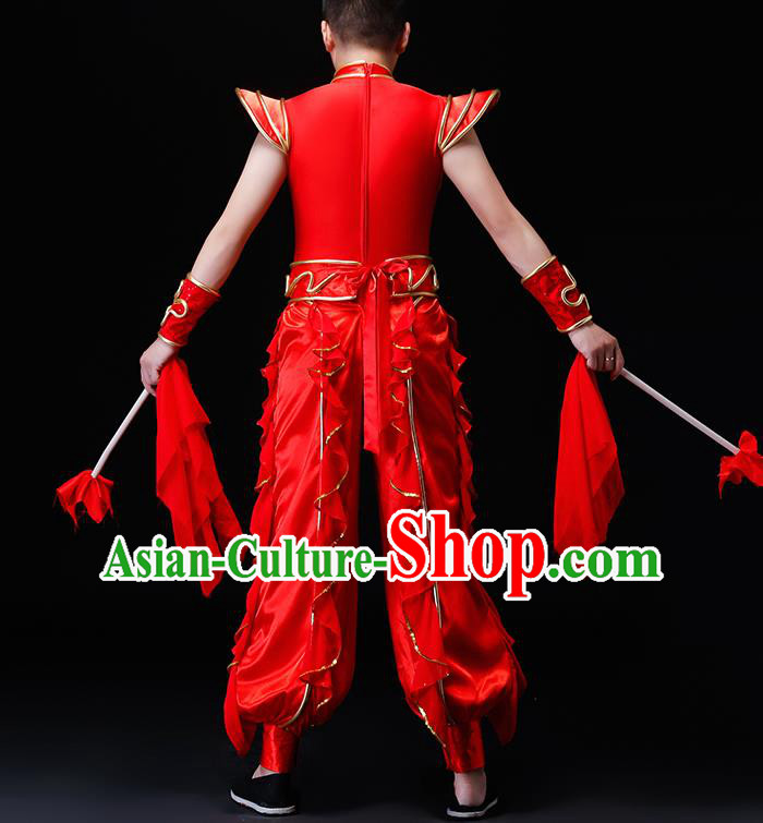 Chinese Traditional Folk Dance Costumes Drum Dance Group Dance Red Clothing for Men