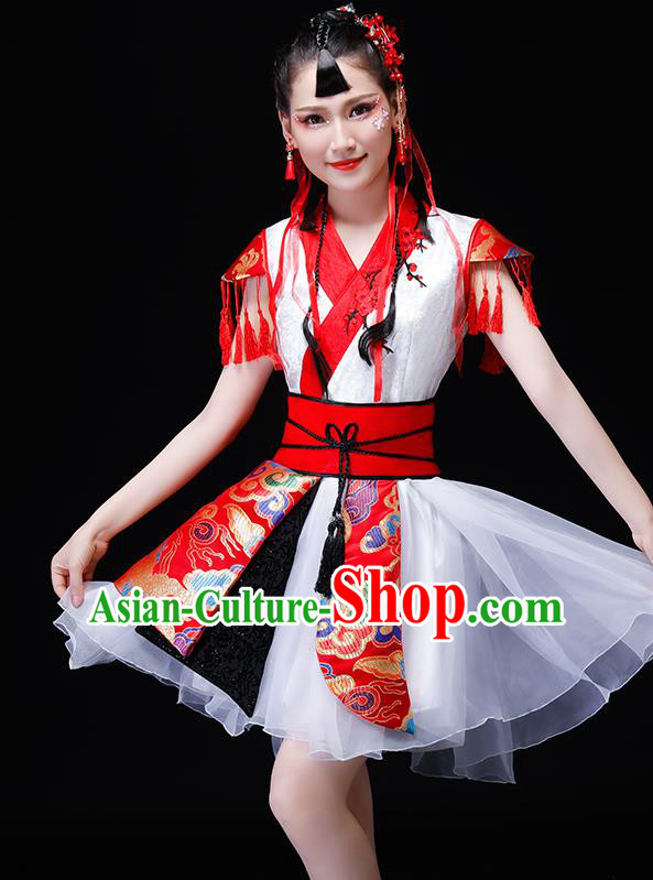 Chinese Traditional Folk Dance Costumes Drum Dance Group Dance White Dress for Women