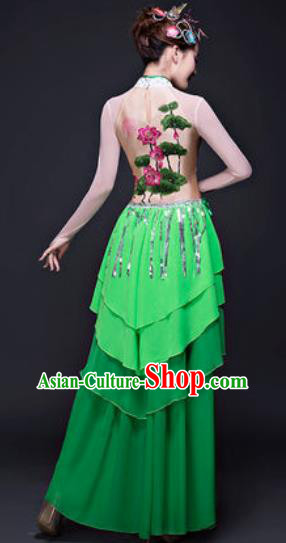 Chinese Traditional Classical Dance Lotus Dance Costumes Umbrella Dance Green Dress for Women
