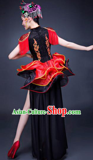 Chinese Traditional Folk Dance Costumes New Year Drum Dance Black Dress for Women