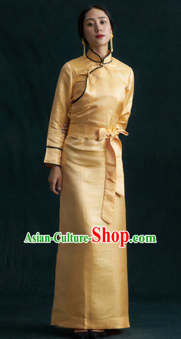 Traditional Chinese Zang Nationality Dance Costumes Yellow Tibetan Robe Ethnic Folk Dance Dress for Women