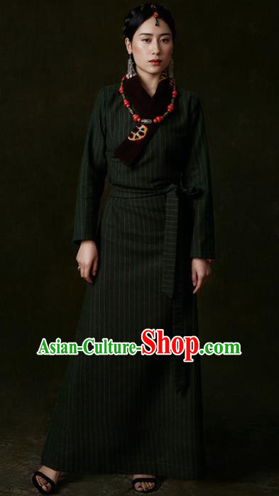 Traditional Chinese Zang Nationality Dance Costumes Atrovirens Tibetan Robe Ethnic Folk Dance Dress for Women