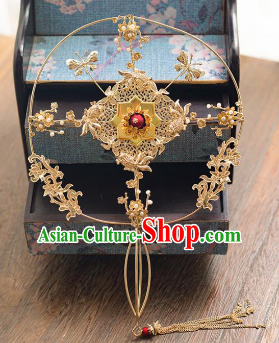 Chinese Ancient Wedding Accessories Bride Handmade Golden Palace Fans Hanfu Round Fans for Women