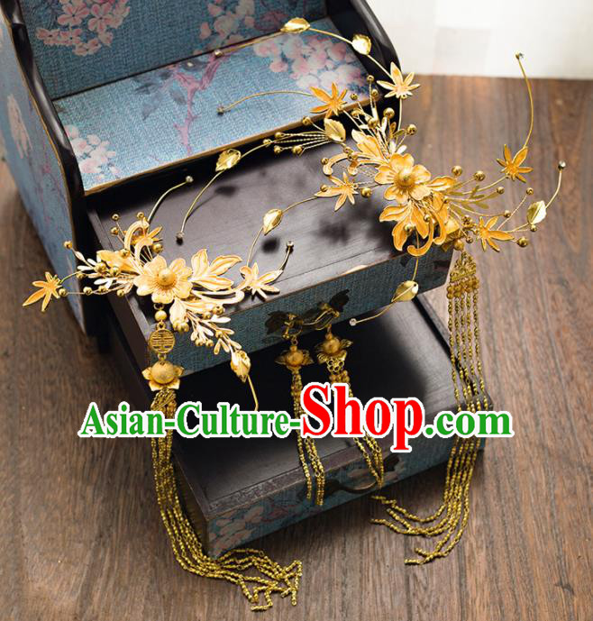 Chinese Ancient Bride Wedding Hair Accessories Golden Hair Clasp Tassel Hairpins Headwear for Women