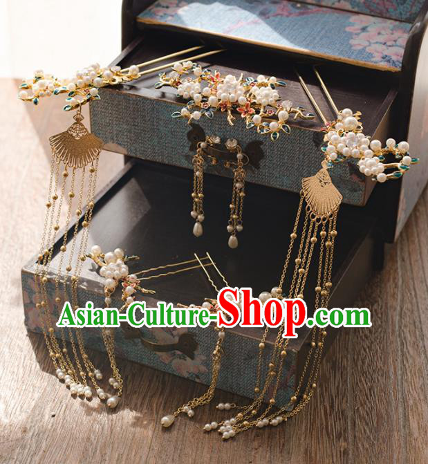 Chinese Ancient Bride Tassel Step Shake Wedding Hair Accessories Pearls Hairpins Headwear for Women