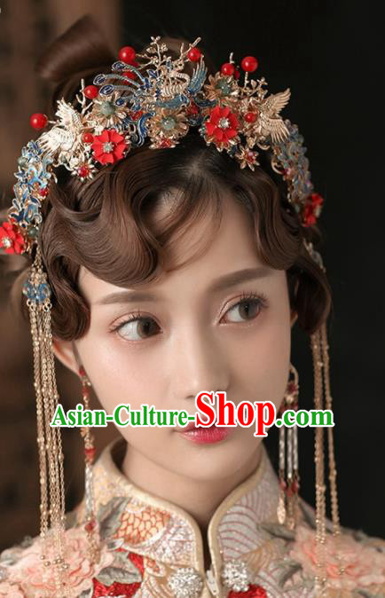 Chinese Ancient Wedding Hair Accessories Cloisonne Phoenix Coronet Bride Hairpins Headwear for Women