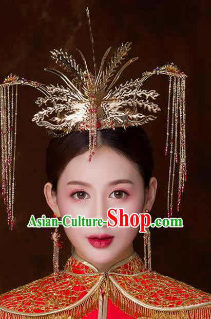 Chinese Ancient Wedding Hair Accessories Bride Phoenix Coronet Tassel Hairpins Headwear for Women