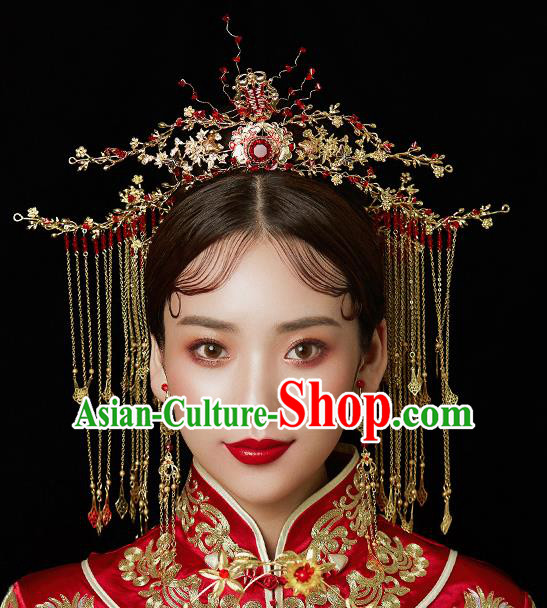 Chinese Ancient Wedding Hair Accessories Bride Red Crystal Phoenix Coronet Tassel Hairpins Headwear for Women