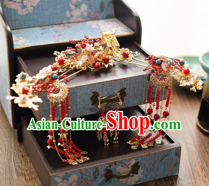 Chinese Ancient Palace Bride Wedding Hair Accessories Tassel Hairpins Headwear for Women