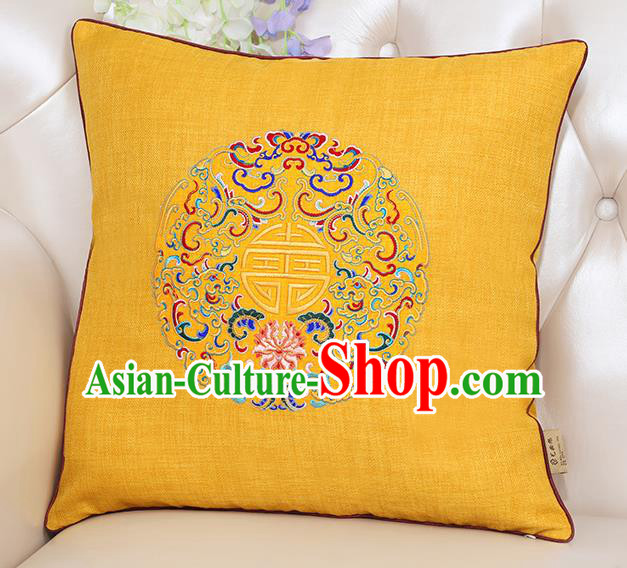 Chinese Classical Household Ornament Traditional Handmade Embroidered Yellow Linen Cushion