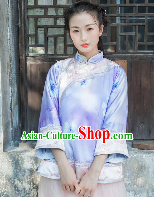Chinese Traditional Costumes National Upper Outer Garment Purple Silk Qipao Blouse for Women