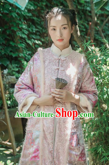 Chinese Traditional Costumes National Upper Outer Garment Pink Silk Qipao Coat for Women