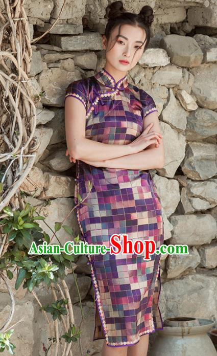 Chinese Traditional Costumes National Qipao Dress Classical Purple Silk Cheongsam for Women
