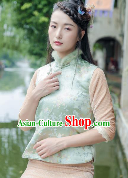 Chinese Traditional Costumes National Tang Suit Green Silk Qipao Vests for Women