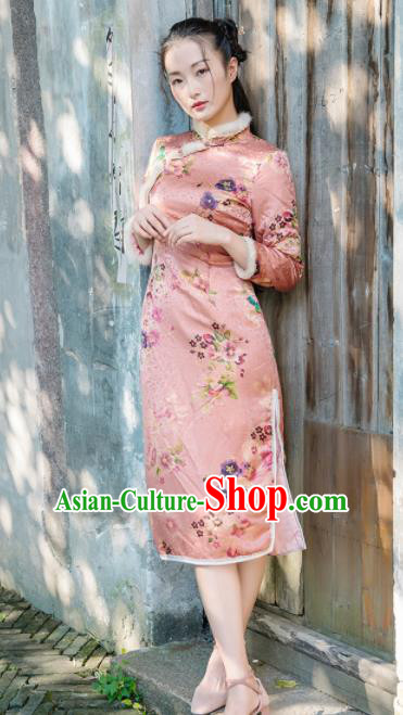 Chinese Traditional Costumes National Pink Silk Qipao Dress Mink Wool Cheongsam for Women