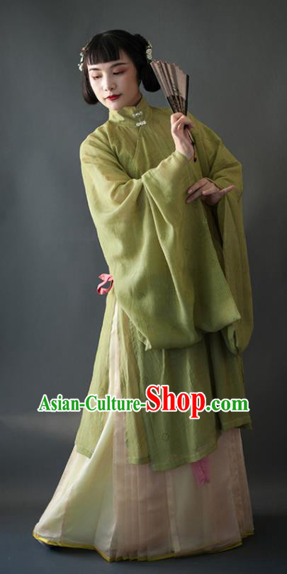 Chinese Traditional Ancient Ming Dynasty Historical Costumes Green Blouse and Beige Skirt Complete Set for Women