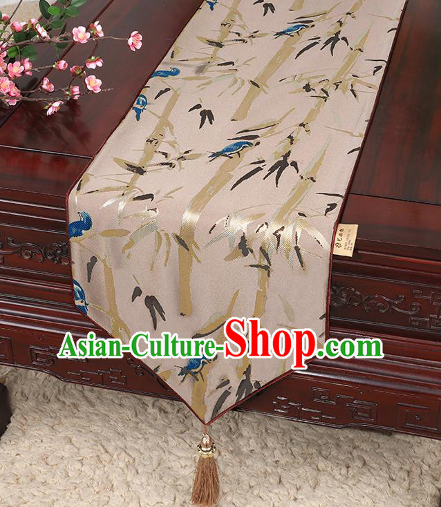 Chinese Classical Household Ornament Khaki Brocade Table Flag Traditional Handmade Bamboo Pattern Table Cloth